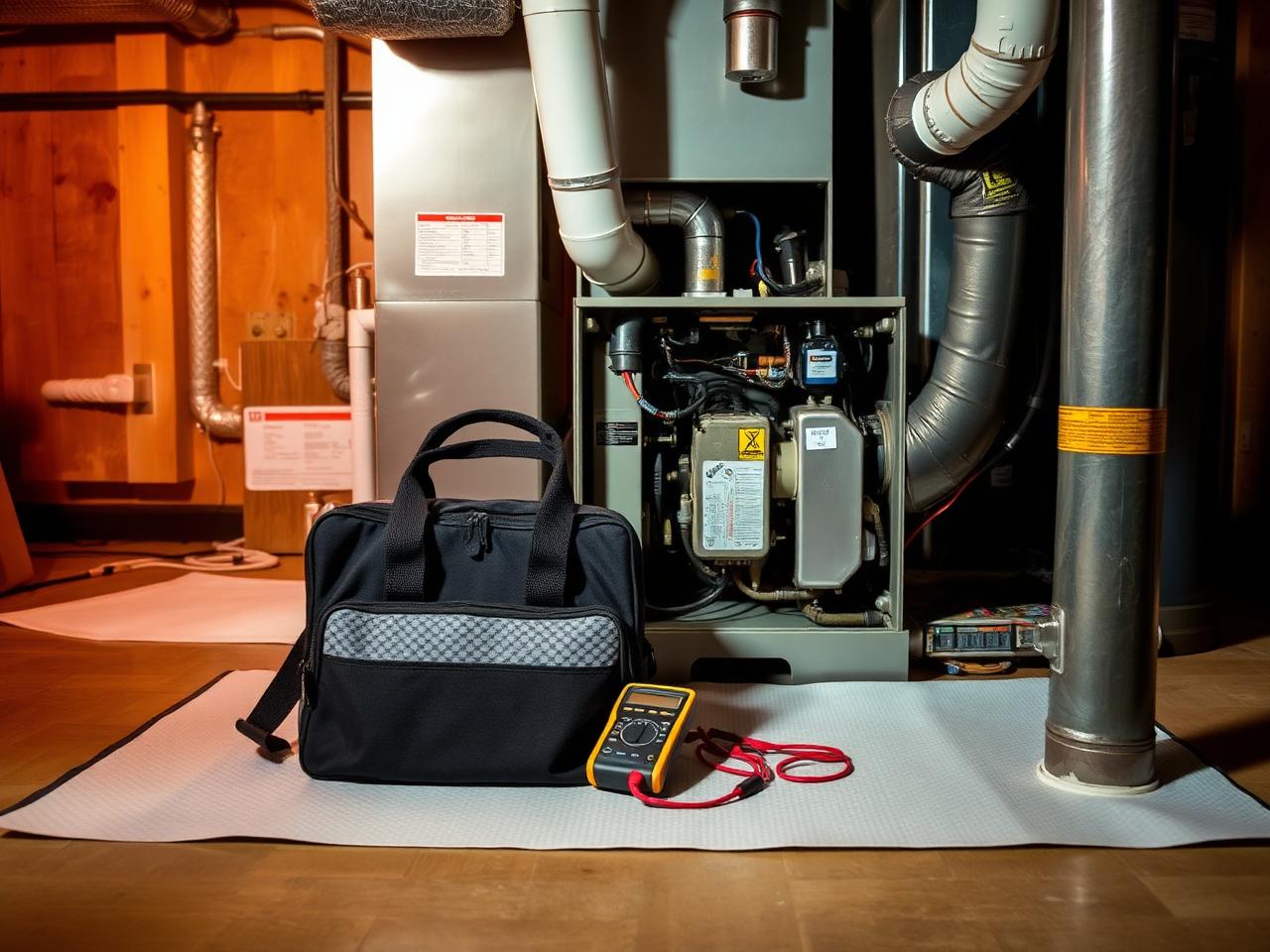 Furnace mid-repair in a Twin Cities basement, panel open with tools on a protective mat